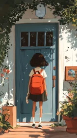 Girl with red backpack standing before blue house door.