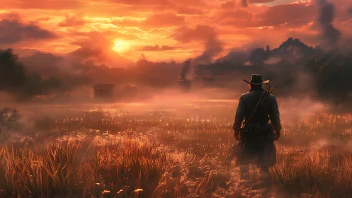 Sunset gunslinger walks the ember-soaked frontier fog