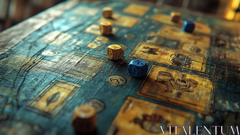 Colorful dice rest on a worn fantasy board game map