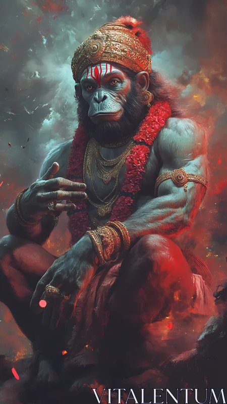 Divine simian warrior portrait in cinematic digital painting style.