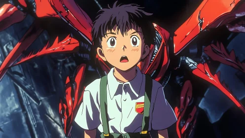 Startled schoolboy before crimson cyber-beast awakening.