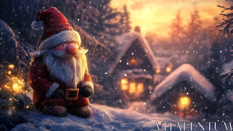 Santa figurine rests beside glowing cottage in snowfall