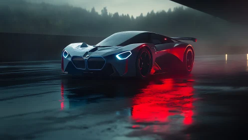 Futuristic sports car sits on wet track under moody rain
