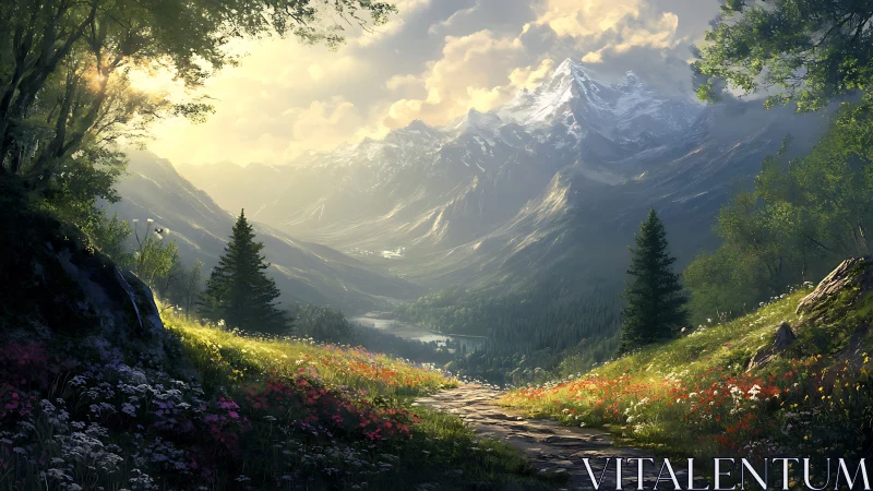 Sunlit mountain valley path wrapped in wildflower splendor.