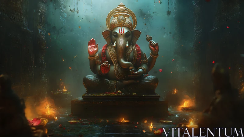 Ganesh statue in dim temple with glowing ritual lamps.