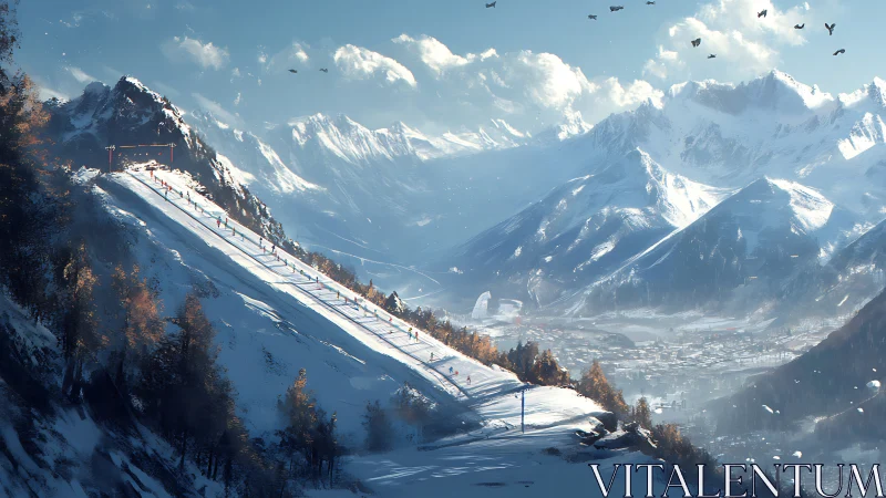 Crowded ski slope above a wide snow covered mountain town.