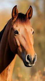 Photorealistic portrait of chestnut horse head in sunlight.