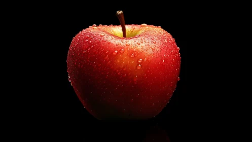 Red apple with water droplets on black background.