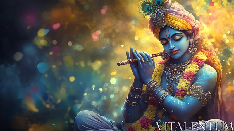 Divine blue figure plays flute in luminous garlanded aura.