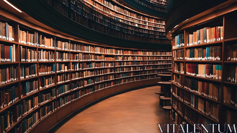 Curved multi-tier library stacks under warm architectural lighting.