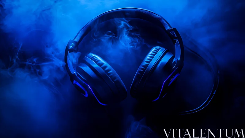 Over-ear gaming headphones in blue illuminated studio scene.