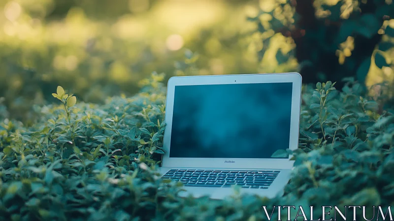 Laptop rests in lush greenery, blending tech with calm nature