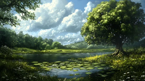 Sunlit riparian landscape with lily pond and dense oak canopy