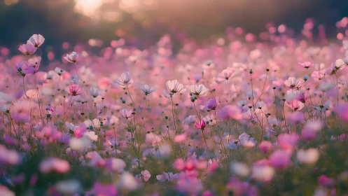 Pink cosmos flower field at golden hour sunset.