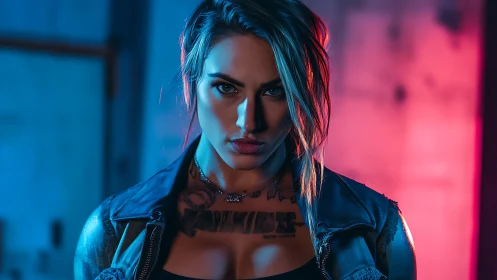 Tattooed woman in leather jacket under blue and pink lighting.