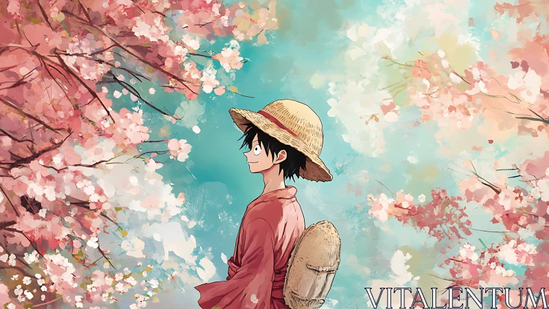 Straw hat figure walking under stylized pink blossoms.