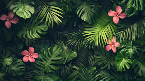Tropical leaves and pink blooms in a lush jungle embrace.