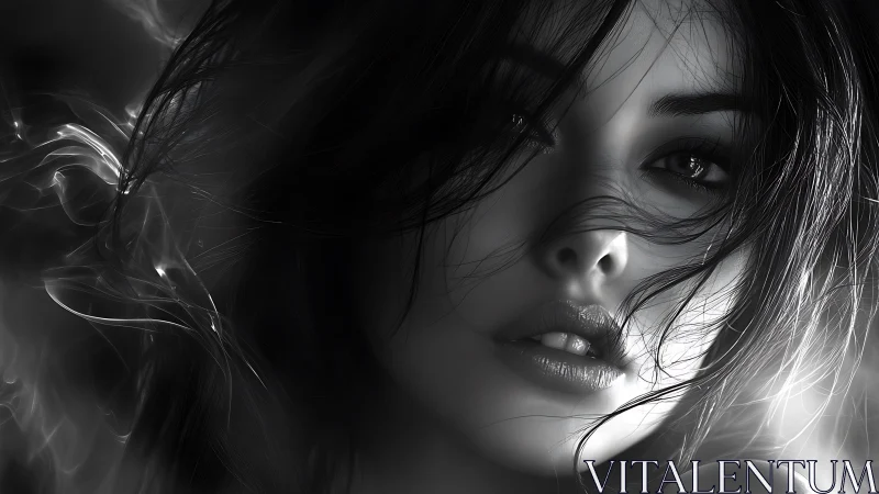 Intense monochrome closeup of woman with flowing hair.