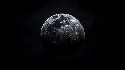 Luminous cratered moon floats in stark cosmic darkness.