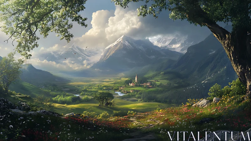 Sunlit alpine valley with distant village and snow peaks.