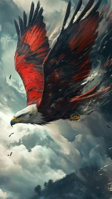 Red-winged eagle in dynamic dive over storm-laden mountains