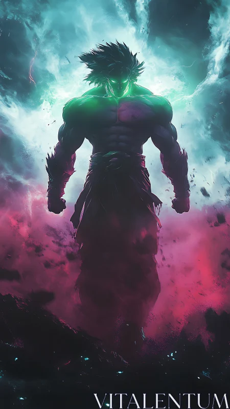 Storm-charged warrior rises through neon cosmic chaos