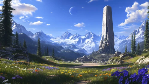 Digital landscape with monolithic sci fi tower in alpine meadow.
