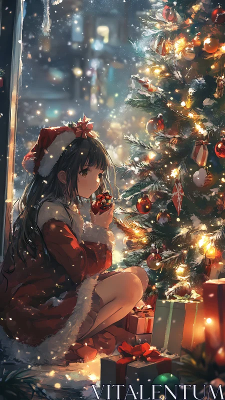 Quiet anime girl beside illuminated indoor Christmas tree.