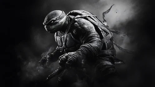 Armored mutant turtle warrior advances through swirling smoke