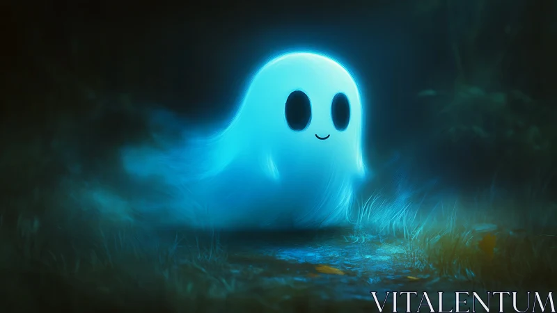 Glowing cyan cartoon ghost drifting through misty forest.