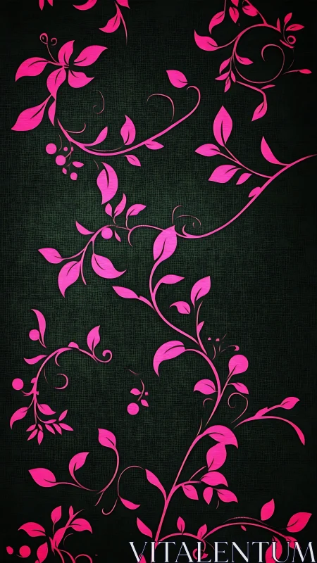 Pink floral vines on dark textured green background design.