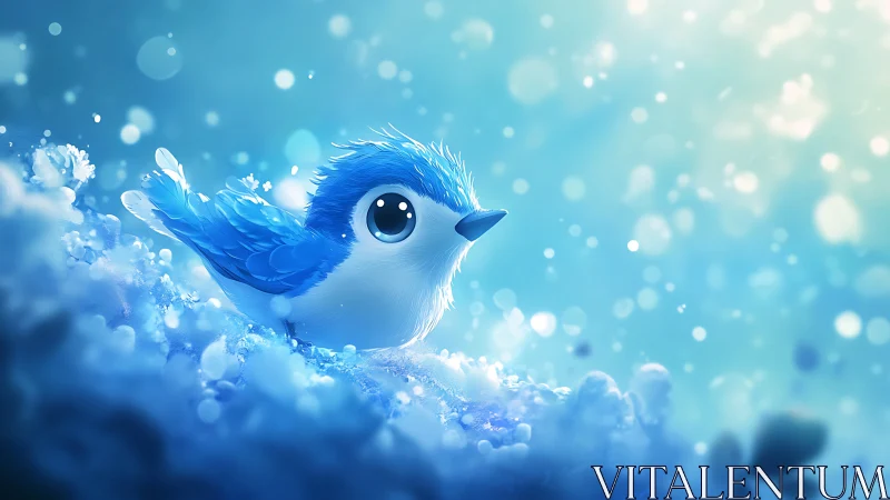 Crystalline Azure Avian Figure Suspended in Particle-Rich Atmospheric Environment.