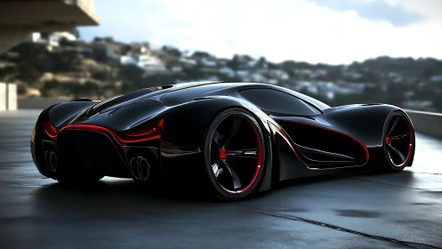 Sleek black hypercar rests on a wet terrace at dusk