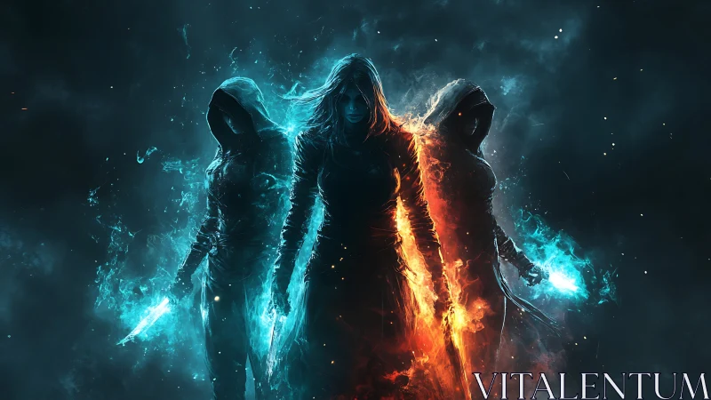 Elemental hooded trio ignite a storm of fire and frost.
