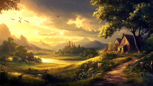 Golden hour fantasy landscape renders cottage and distant castle