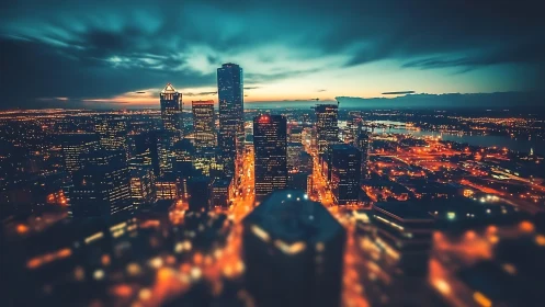 City skyline glows under blue dusk sky in aerial view