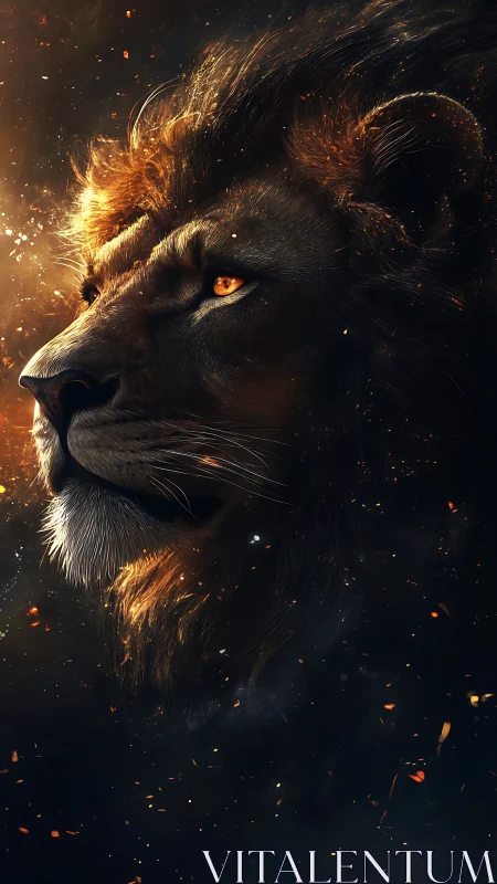 Side-lit lion portrait renders hyper-detailed fur, embers, and gaze
