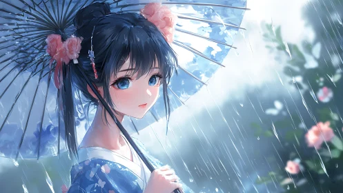 Anime rain portrait under floral umbrella with soft bokeh lighting.