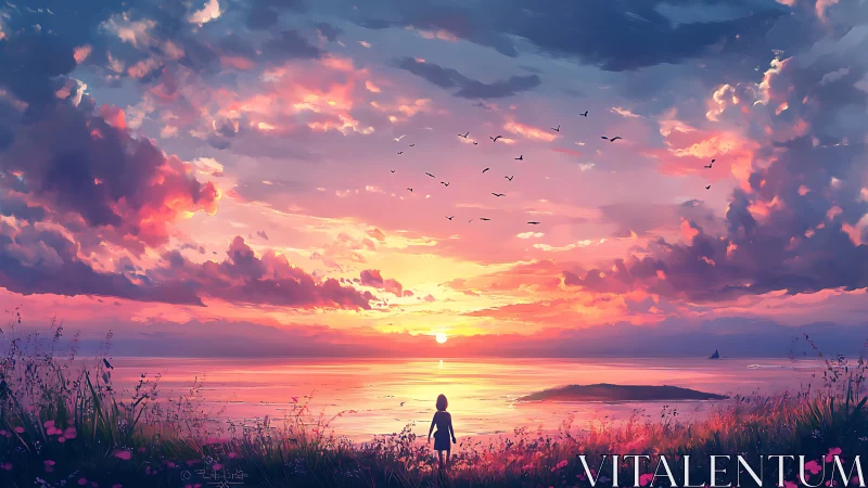 Silhouette of child watching vivid digital sunset seascape