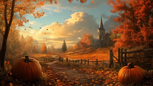 Autumnal rural path with pumpkins and distant chapel rendered.