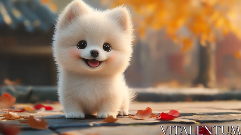 Fluffy autumn puppy beams under golden leaves and soft light.