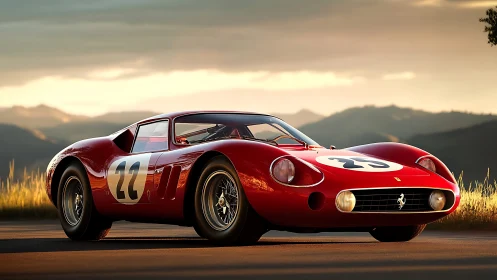 Sunlit vintage race car poised on a mountain roadway.