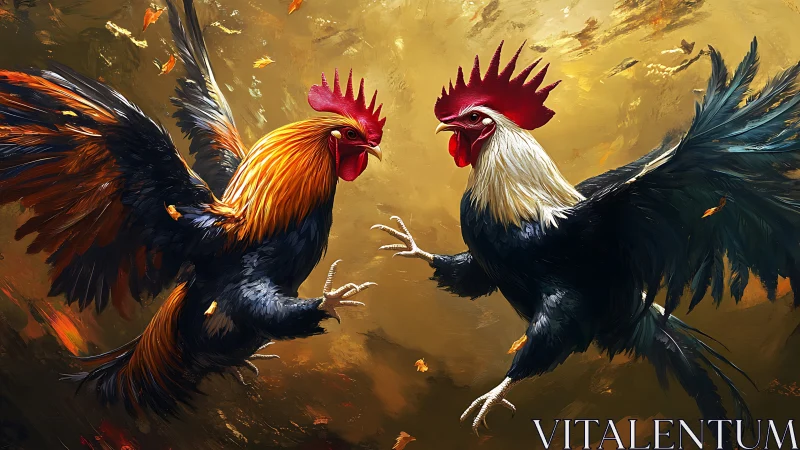 Roosters in Confrontation Against Golden Atmospheric Background