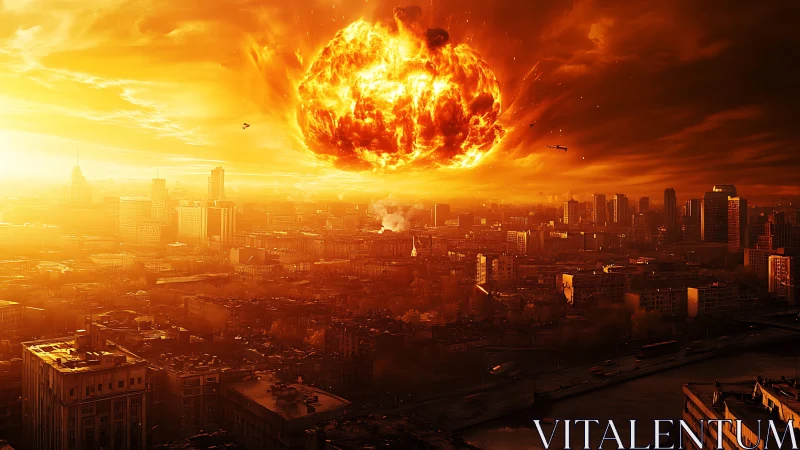 Digital painting of apocalyptic fireball over dense metropolis.