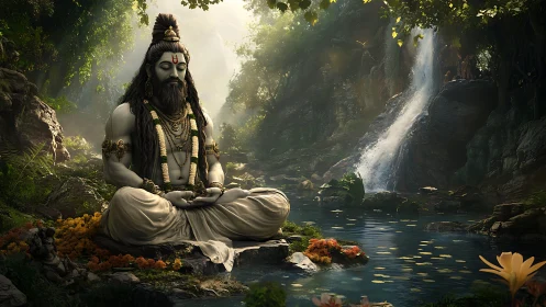 A seated ascetic meditates beside a waterfall in dense forest