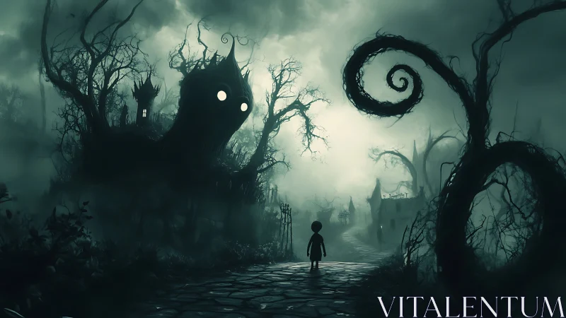 Child silhouette in eerie foggy forest with haunted forms.