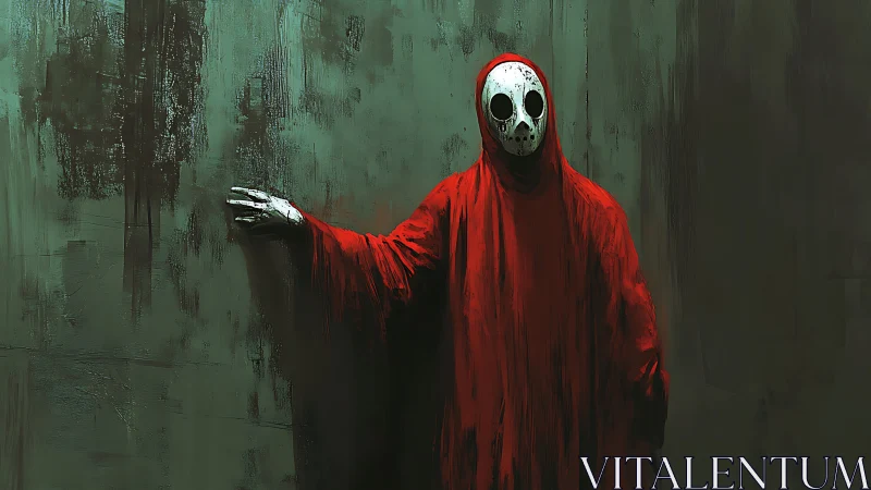 Hooded figure in red robe wearing eerie white skull mask.
