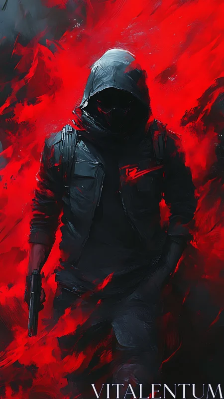 Hooded gunman strides through blazing abstract red inferno.