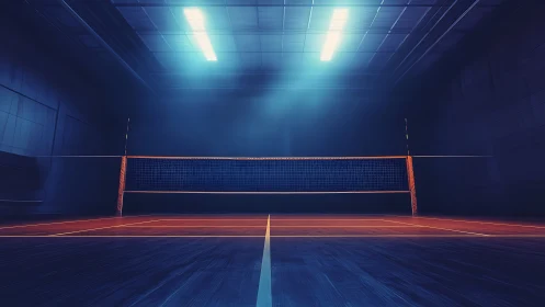 Cinematic indoor volleyball court with neon rim lighting design.
