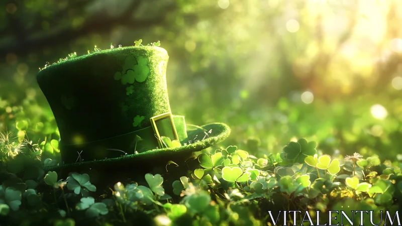 Green clover top hat rests in glowing forest meadow light